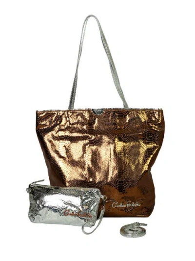 Carlos Falchi Vegan Python Large Tote With Convertible Pouch In Brown