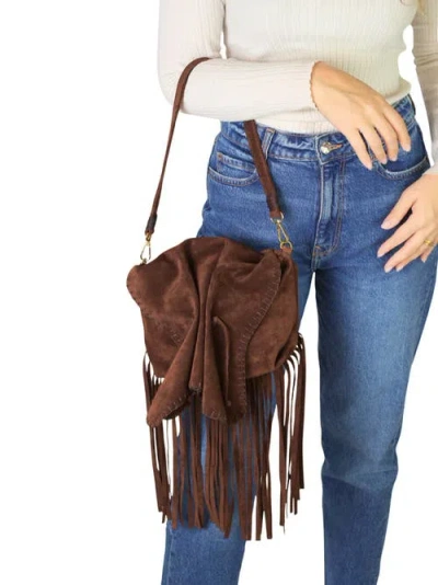 Carlos Falchi Full Size Fringe Suede Butterfly Crossbody Bag In Brown