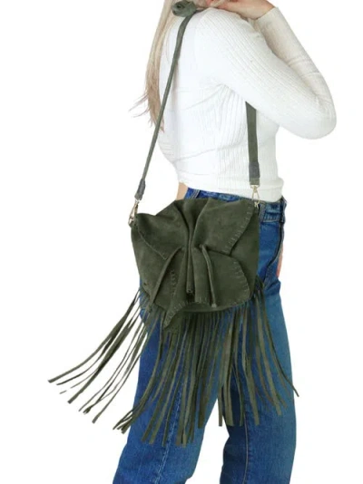 Carlos Falchi Full Size Fringe Suede Butterfly Crossbody Bag In Green