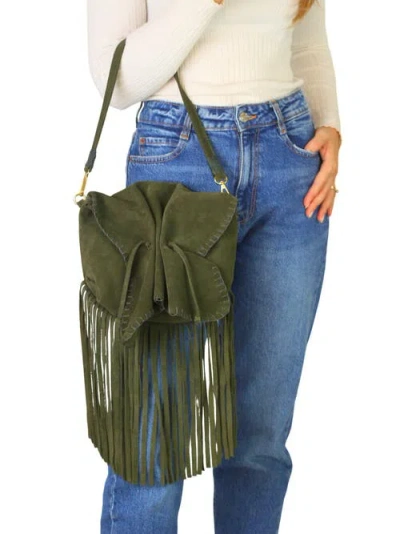 Carlos Falchi Full Size Fringe Suede Butterfly Crossbody Bag In Green
