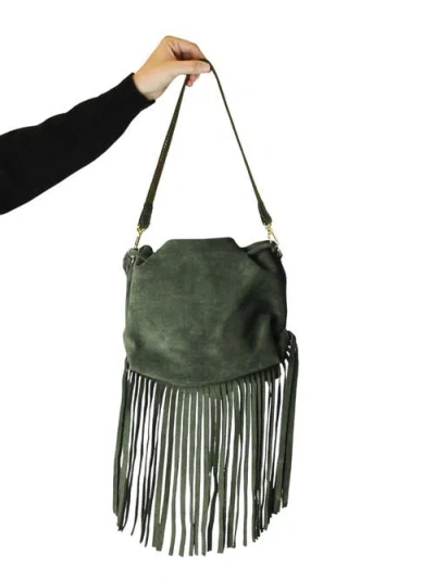 Carlos Falchi Full Size Fringe Suede Butterfly Crossbody Bag In Green