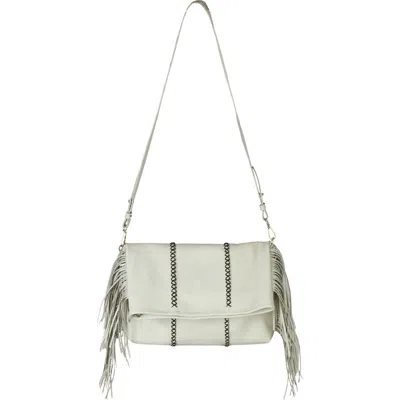 Carlos Falchi Mini Fringe Suede Foldover Crossbody Clutch In White