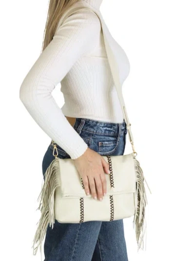 Carlos Falchi Mini Fringe Suede Foldover Crossbody Clutch In White