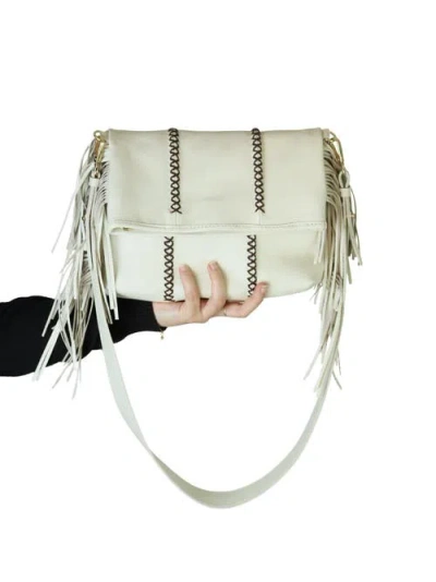 Carlos Falchi Mini Fringe Suede Foldover Crossbody Clutch In White