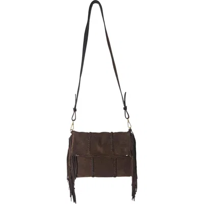 Carlos Falchi Mini Fringe Suede Foldover Crossbody Clutch In Brown