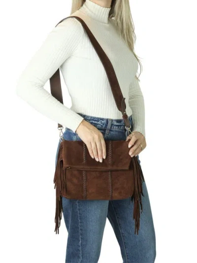 Carlos Falchi Mini Fringe Suede Foldover Crossbody Clutch In Brown