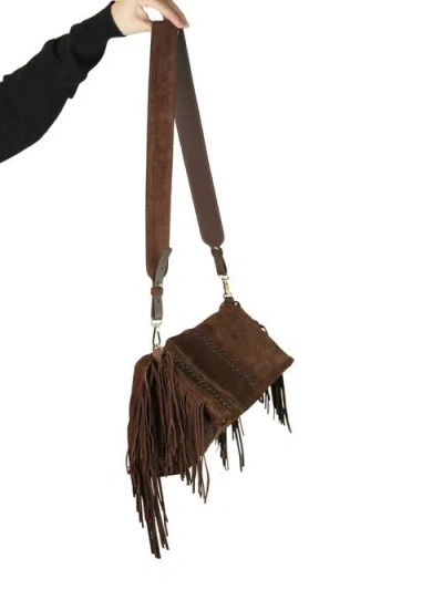 Carlos Falchi Mini Fringe Suede Foldover Crossbody Clutch In Brown