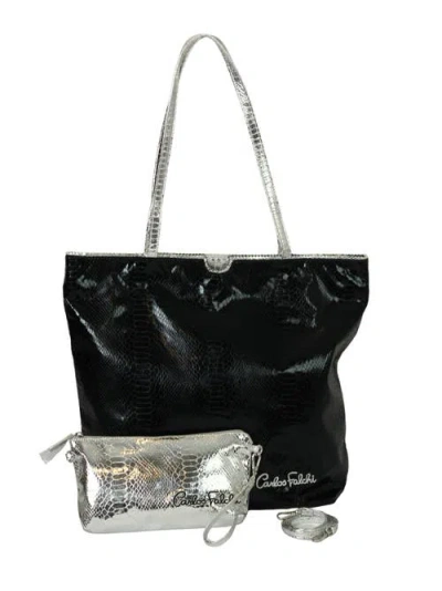 Carlos Falchi Vegan Python Large Tote With Convertible Pouch In Black
