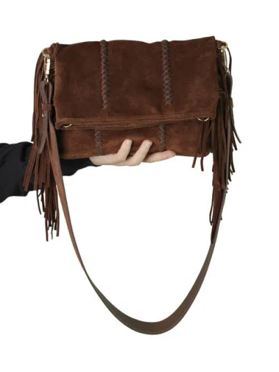Carlos Falchi Mini Fringe Suede Foldover Crossbody Clutch In Brown