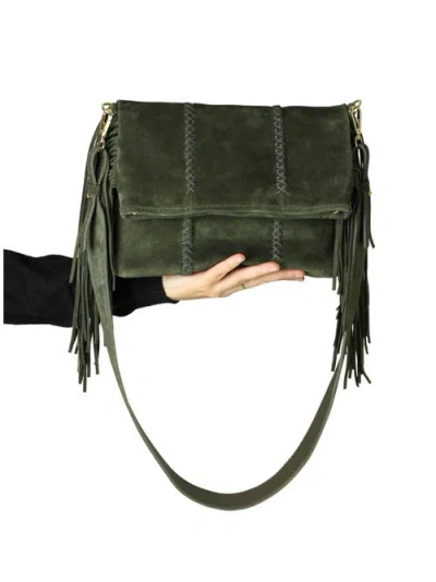 Carlos Falchi Mini Fringe Suede Foldover Crossbody Clutch In Green