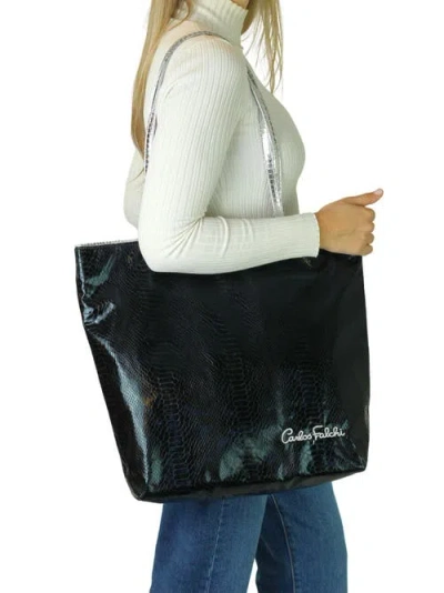 Carlos Falchi Vegan Python Large Tote With Convertible Pouch In Black