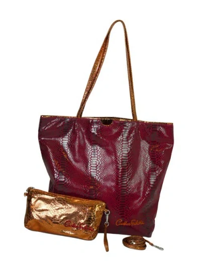 Carlos Falchi Vegan Python Large Tote With Convertible Pouch In Burgundy