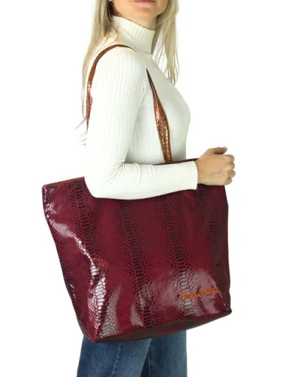 Carlos Falchi Vegan Python Large Tote With Convertible Pouch In Burgundy