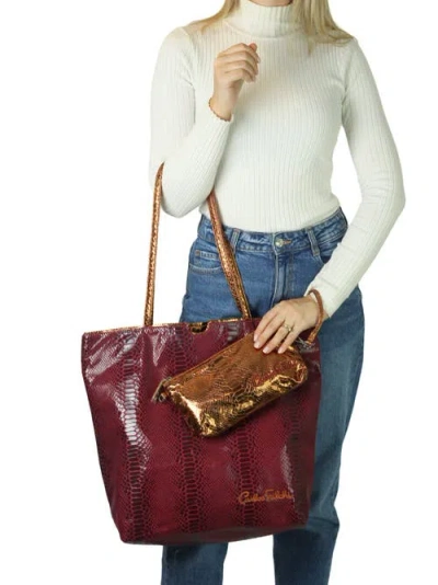 Carlos Falchi Vegan Python Large Tote With Convertible Pouch In Burgundy