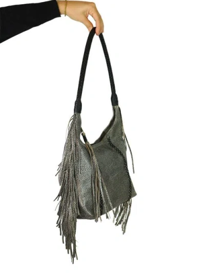 Carlos Falchi Large Fringe Top Grain Leather Hobo Shoulder Bag