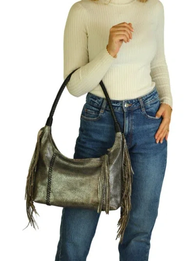 Carlos Falchi Large Fringe Top Grain Leather Hobo Shoulder Bag