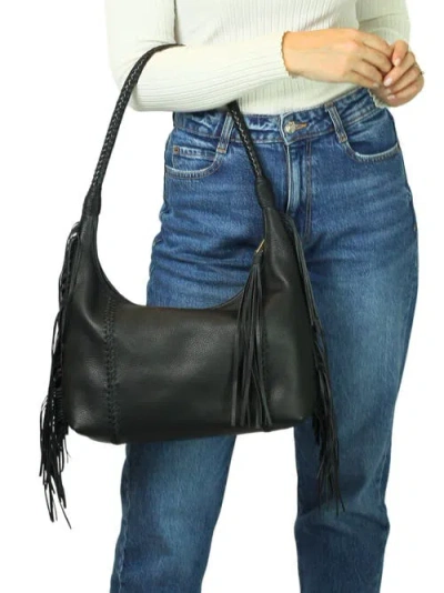 Carlos Falchi Large Fringe Top Grain Leather Hobo Shoulder Bag