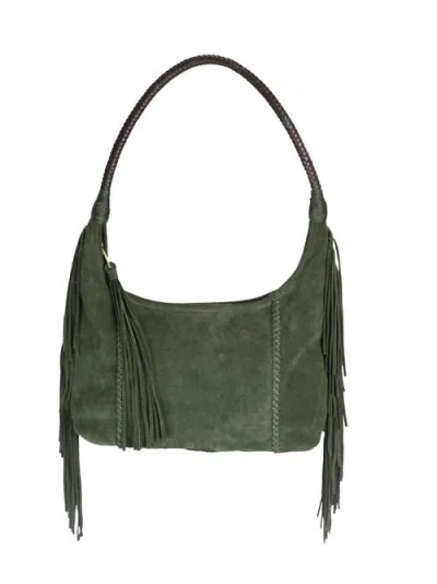 Carlos Falchi Large Fringe Top Grain Leather Hobo Shoulder Bag In Green
