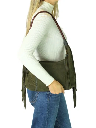 Carlos Falchi Large Fringe Top Grain Leather Hobo Shoulder Bag In Green