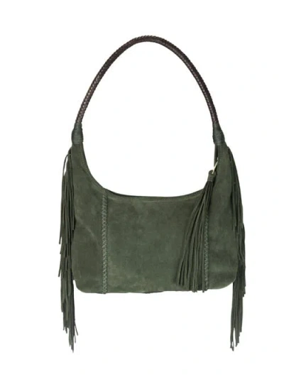 Carlos Falchi Large Fringe Top Grain Leather Hobo Shoulder Bag In Green