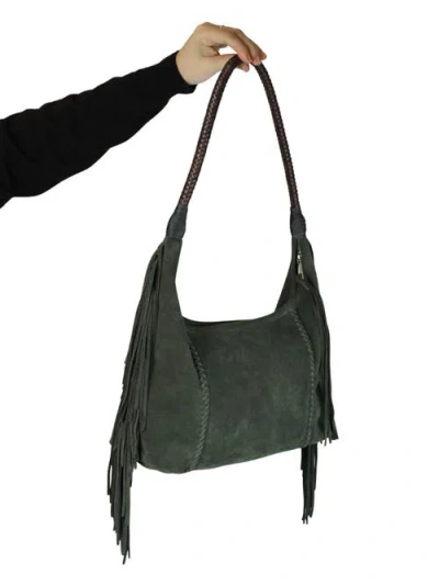 Carlos Falchi Large Fringe Top Grain Leather Hobo Shoulder Bag In Green
