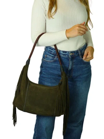 Carlos Falchi Large Fringe Top Grain Leather Hobo Shoulder Bag In Green