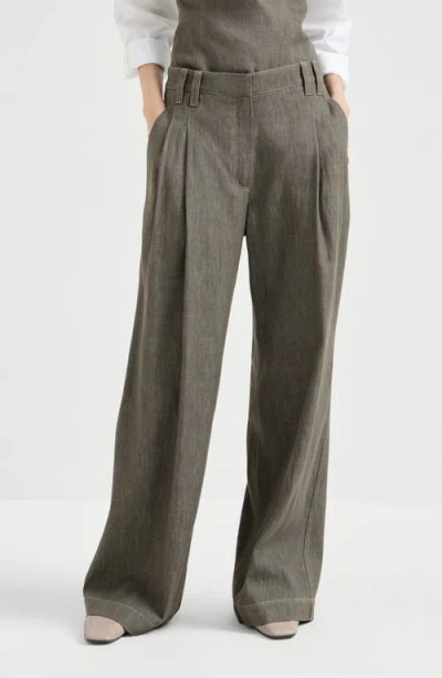 Brunello Cucinelli Denim-effect Pleated Trousers In Green