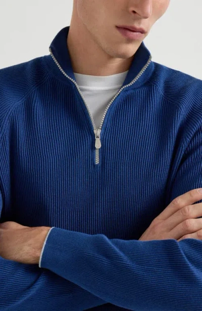 Brunello Cucinelli Blue Cashmere Blend Lightweight Half-zip Sweater