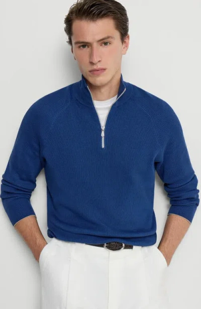 Brunello Cucinelli Blue Cashmere Blend Lightweight Half-zip Sweater