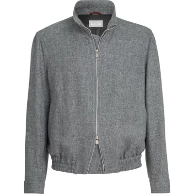 Brunello Cucinelli Stand Collar Hopsack Outerwear Jacket In Gray