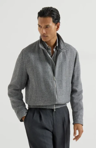 Brunello Cucinelli Stand Collar Hopsack Outerwear Jacket In Gray