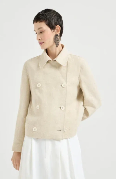 Brunello Cucinelli Crop Caban Jacket With Monili In Neutral