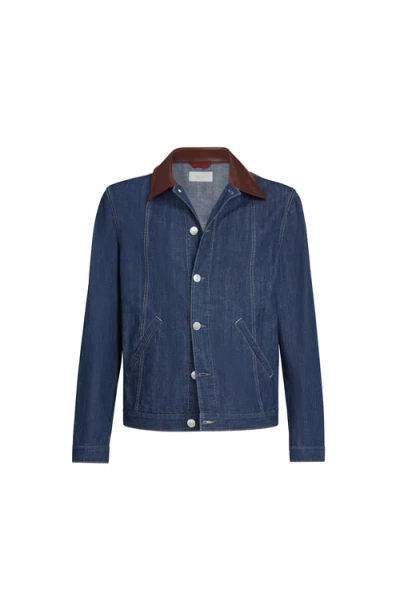 Brunello Cucinelli Men Lightweight Denim Jacket With Leather Collar In Animal Print