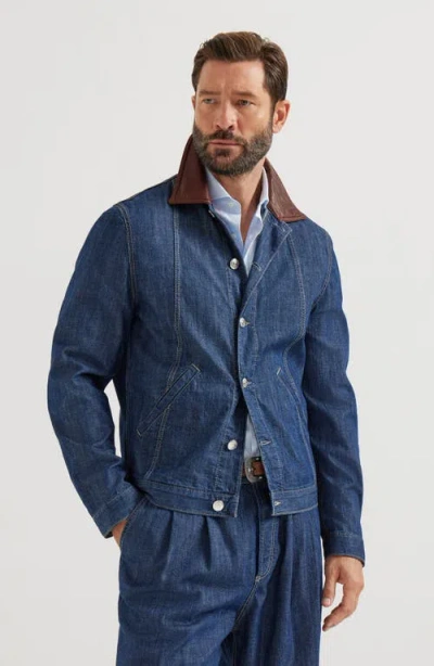 Brunello Cucinelli Men Lightweight Denim Jacket With Leather Collar In Animal Print