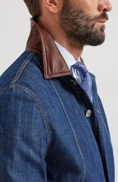 Brunello Cucinelli Men Lightweight Denim Jacket With Leather Collar In Animal Print