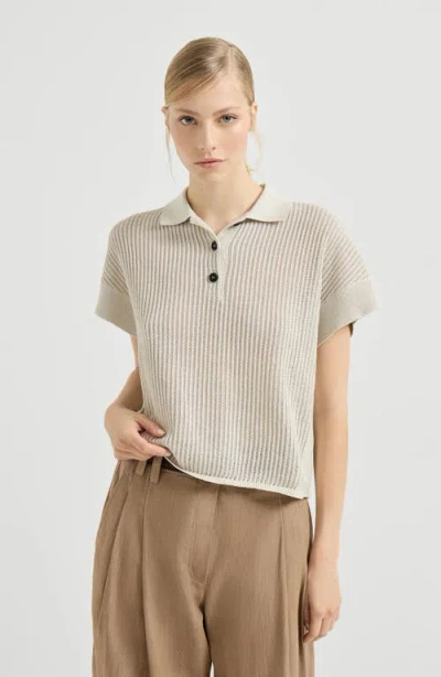 Brunello Cucinelli Ribbed Net Polo Shirt In Neutral