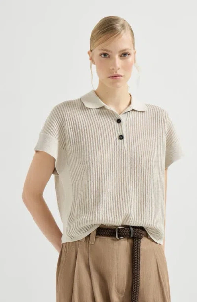 Brunello Cucinelli Ribbed Net Polo Shirt In Neutral