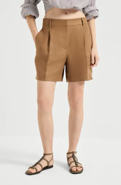 Brunello Cucinelli Pleated Linen-twill Shorts In Brown