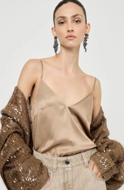 Brunello Cucinelli Stretch Silk Satin Camisole In Brown