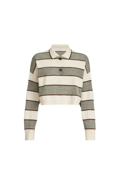 Brunello Cucinelli Cropped Knit Polo With Sparkling Stripes In Green