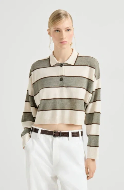 Brunello Cucinelli Cropped Knit Polo With Sparkling Stripes In Green
