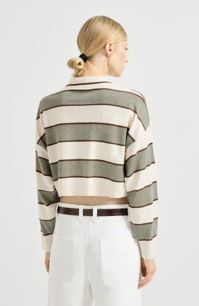 Brunello Cucinelli Cropped Knit Polo With Sparkling Stripes In Green