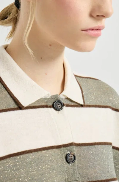 Brunello Cucinelli Cropped Knit Polo With Sparkling Stripes In Green