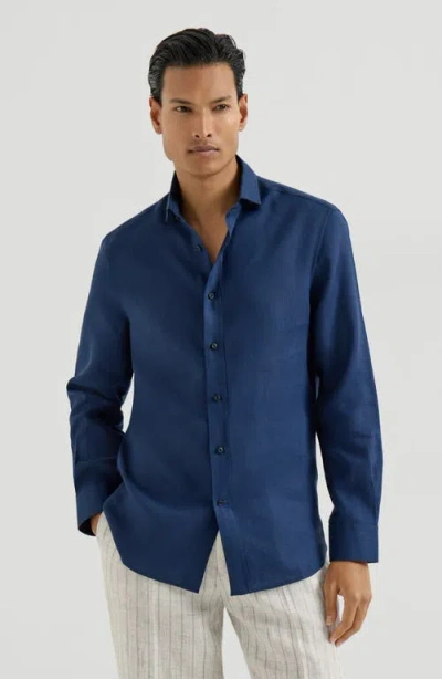Brunello Cucinelli Men Linen Shirt In Blue