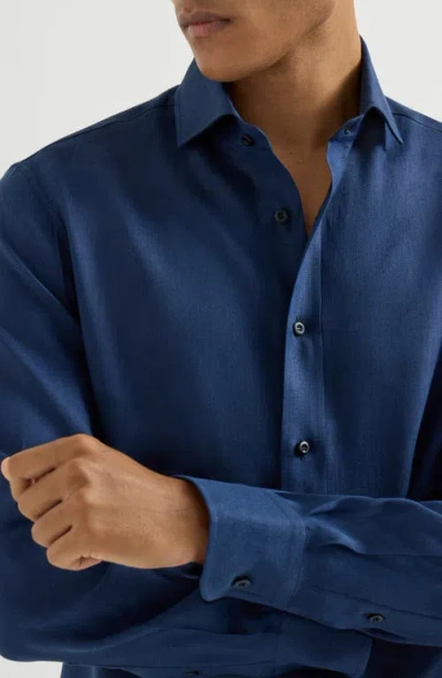 Brunello Cucinelli Men Linen Shirt In Blue