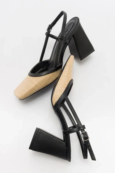 Prologue Shoes Rivie Raffia Square Toe Block Heel Pump In Black