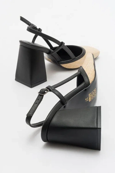 Prologue Shoes Rivie Raffia Square Toe Block Heel Pump In Black