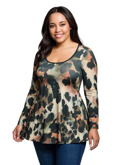 24seven Comfort Apparel Plus Size Multiprint Long Sleeve Scoop Neck A-line Top In Black