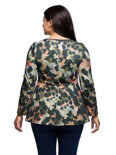 24seven Comfort Apparel Plus Size Multiprint Long Sleeve Scoop Neck A-line Top In Black