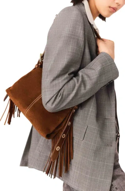 Maje Topstitched Suede Miss M Mini Bag In Brown